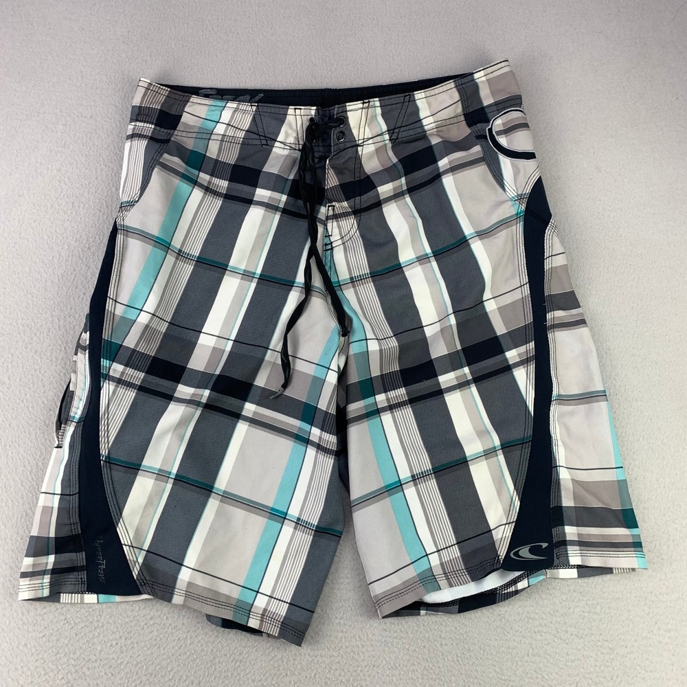 O'Neill Superfreak Board Shorts Mens 34 Gray Plaid Surf Baggy Long Y2K Logo